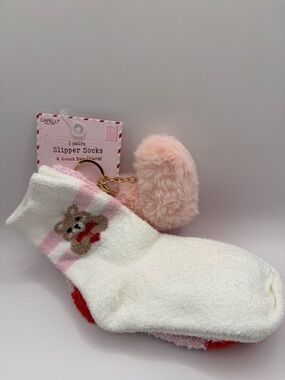 3x Pair Slipper Fuzzy Socks with Bonus Bag Charm